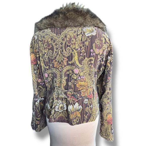 Vintage Faux Fur Trimmed Corduroy Floral Jacket Brown Boho Cropped Penny Lane - Picture 7 of 13